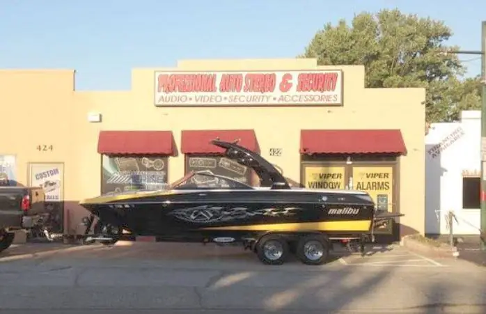 Boat parked in front of the Manteca store for an audio upgrade