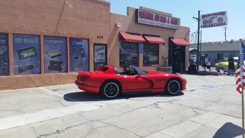 Red Dodge Viper outside the Manteca store