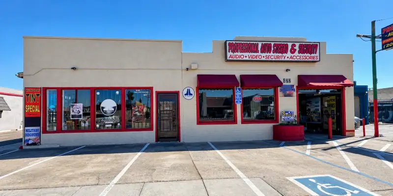 Professional Auto Stereo & Security storefront on North Main Street in Manteca